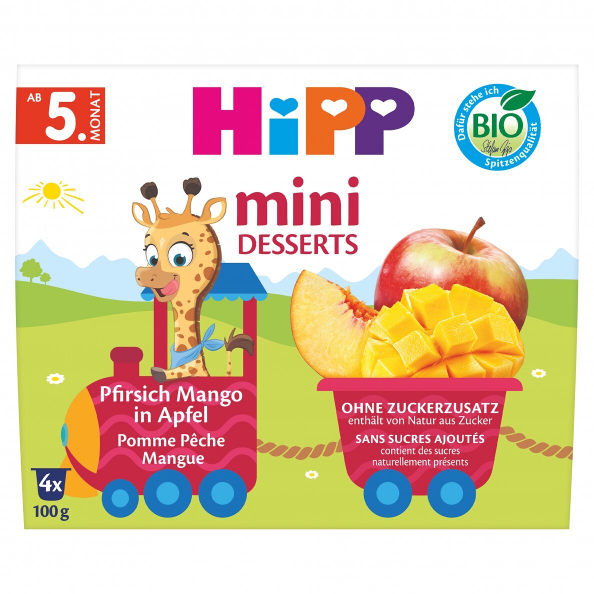Ekoloģisks ābolu, persiku un mango biezenis
