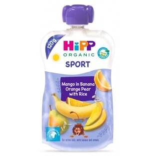 Ekoloģisks banānu, apelsīnu, bumbieru un mango biezenis ar rīsiem