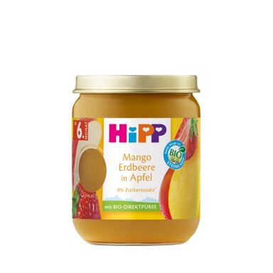 Ekoloģisks ābolu, mango un zemeņu biezenis